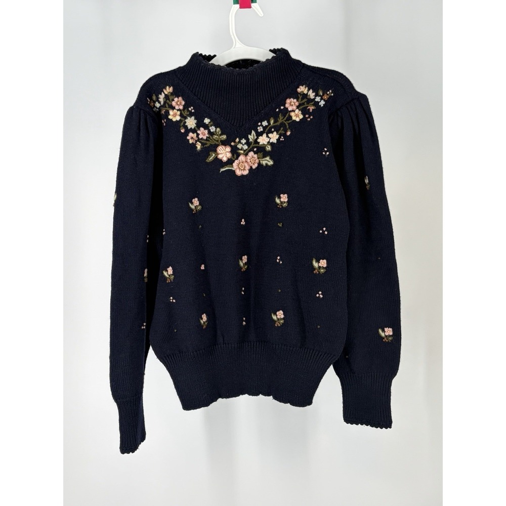 VTG Herman Geist Hand Embroidered Floral Wool Blend Sweater L Cottagecore granny